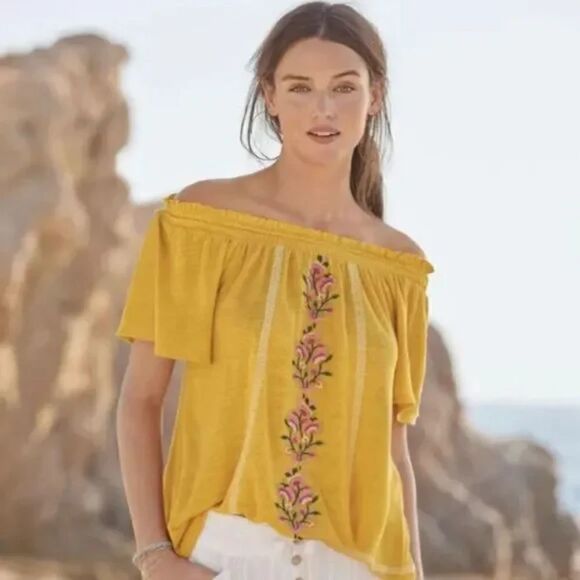 Sundance Dancing Garden Top L Yellow Linen Embroidered Floral Off‎ The Shoulder - Picture 1 of 7